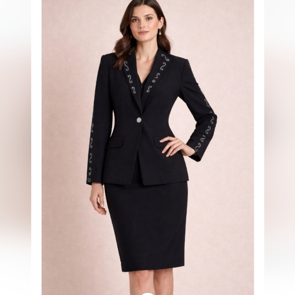 John Couture New York Black Embellished Blazer & Skirt Suit | Size 6 | Evening F